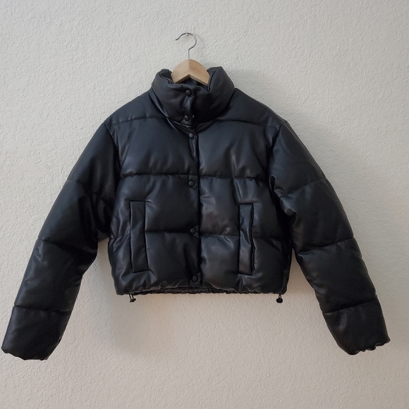 NW ZARA BLACK FAUX LEATHER PUFFER JACKET - Picture 12 of 14